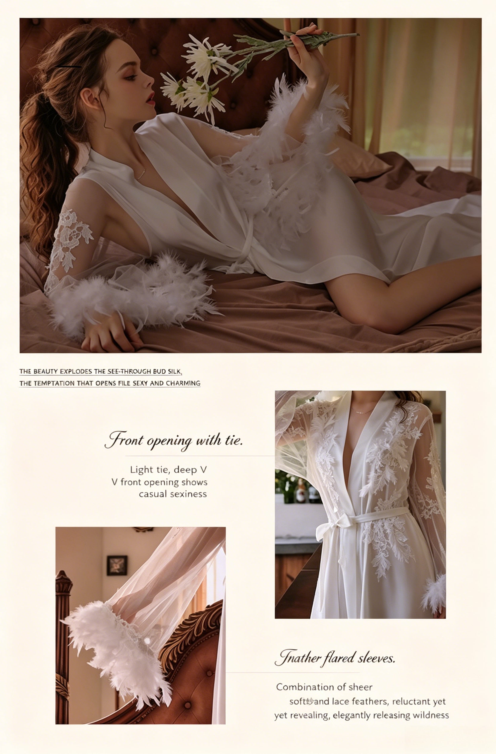 Satin Feather Cuff Embroidered Kimono