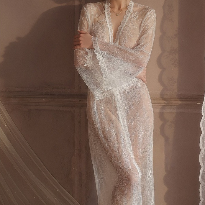 Deep V Lace Tie Kimono Robe