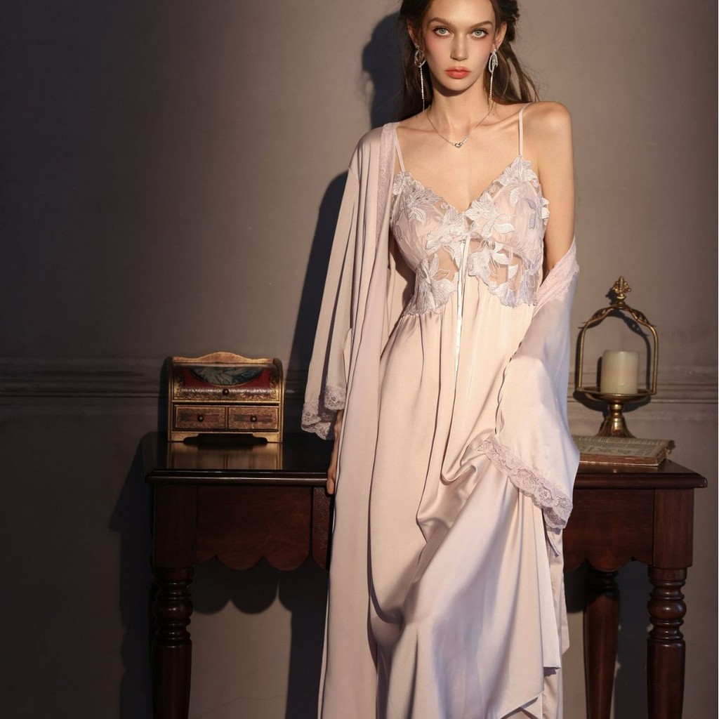 Ice Silk Spaghetti Strap Nightgown | Long French Slip Dress with Built-In Bra | Women's Luxury Loungewear