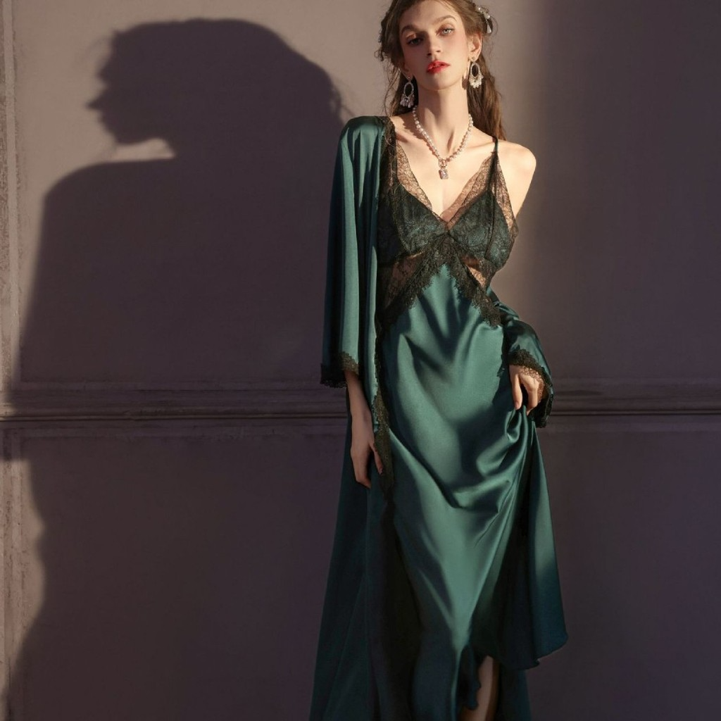 Satin Lace Backless Nightgown | Long Slip Dress with Built-In Bra | Women's Sleepwear