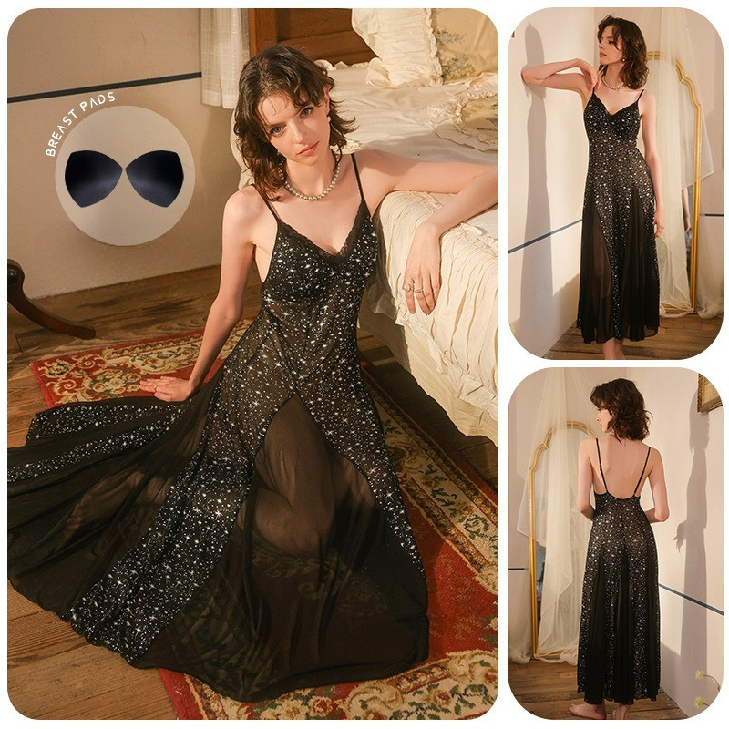 Sequin Deep V Sleep Dress with Built-in Chest Pads | Flowy See-Through Slip