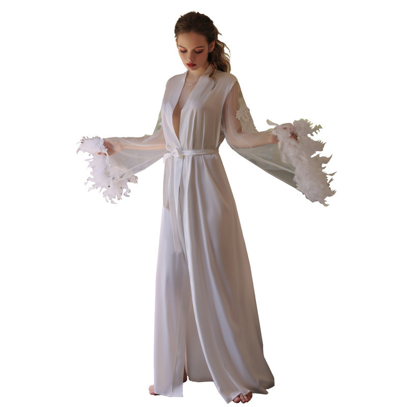 Satin Feather Cuff Embroidered Kimono