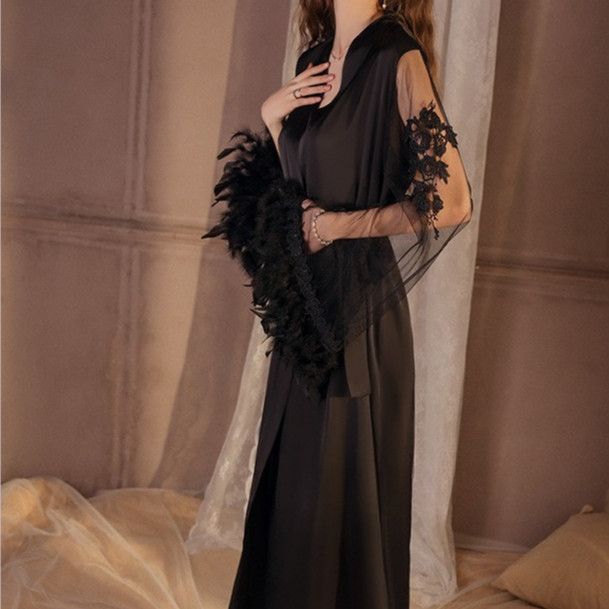 Satin Feather Cuff Embroidered Kimono