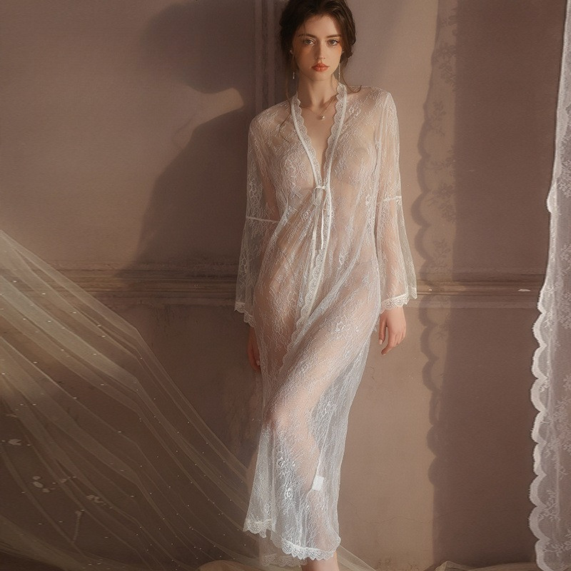 Deep V Lace Tie Kimono Robe