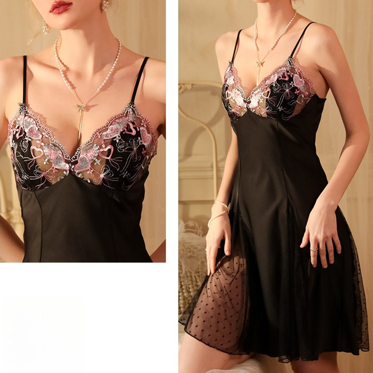 Floral Embroidery Lace Slip Dress | Polka Dot Mesh Cami Nightgown | Romantic Sleepwear