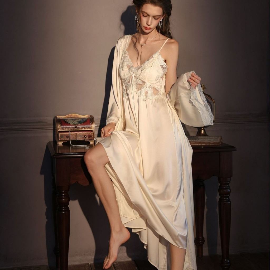Ice Silk Spaghetti Strap Nightgown | Long French Slip Dress with Built-In Bra | Women's Luxury Loungewear