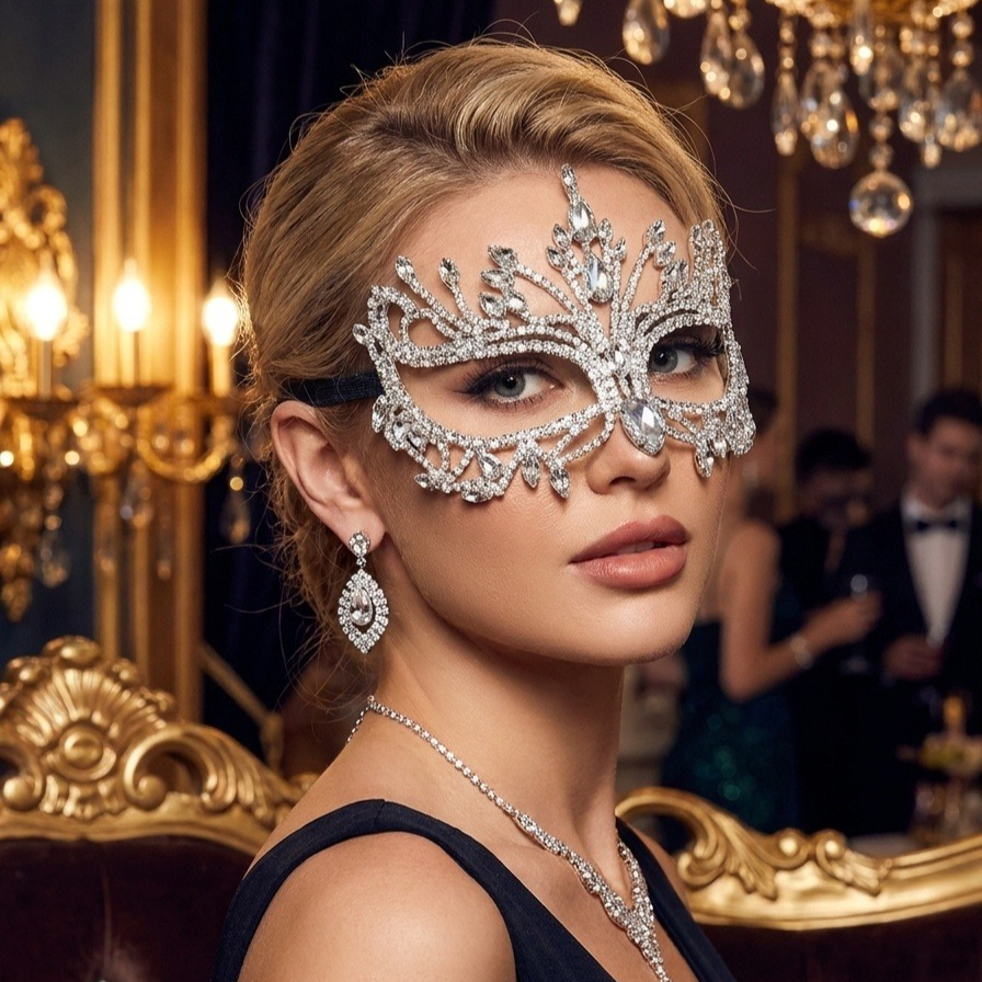 Rhinestone Masquerade Mask for Women – Crystal Venetian Face Mask for Carnival, Parties & Halloween