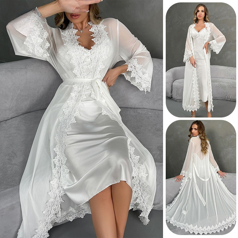 Satin Lace Slip & Embroidered Kimono Set