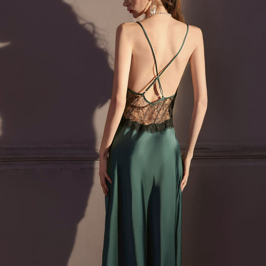 Satin Lace Backless Nightgown | Long Slip Dress with Built-In Bra | Women's Sleepwear