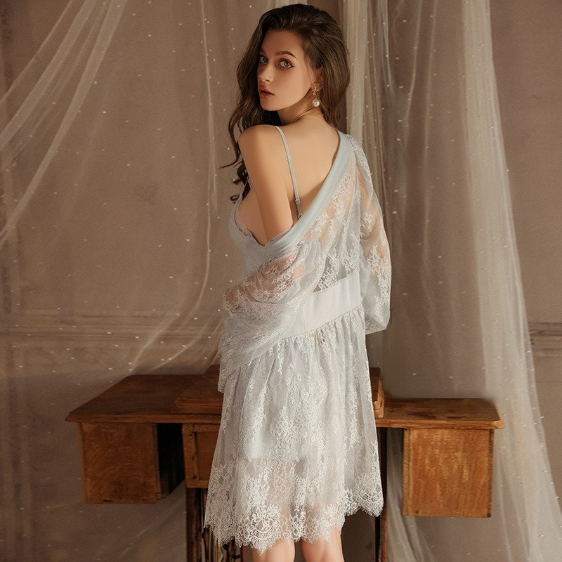 Intricate Lace Sleep Dress & Kimono Robe Set | Soft & Luxurious 2-Piece