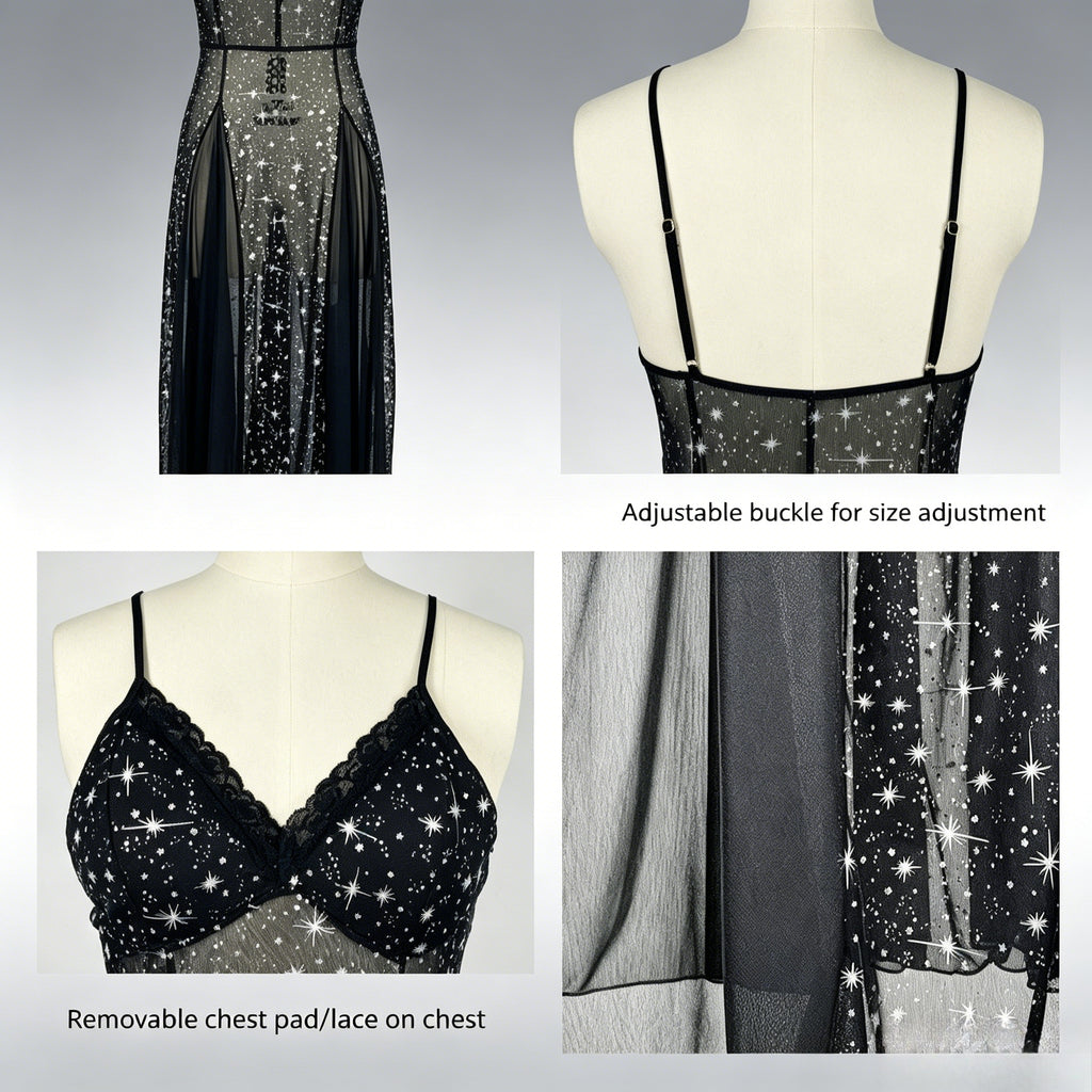 Sequin Deep V Sleep Dress with Built-in Chest Pads | Flowy See-Through Slip