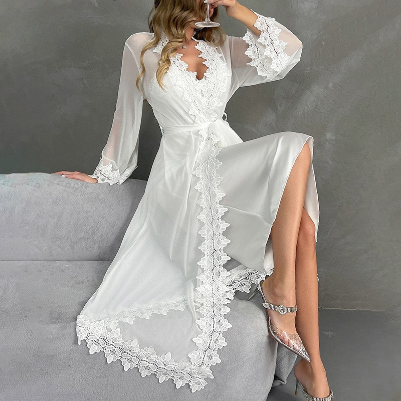 Satin Lace Slip & Embroidered Kimono Set