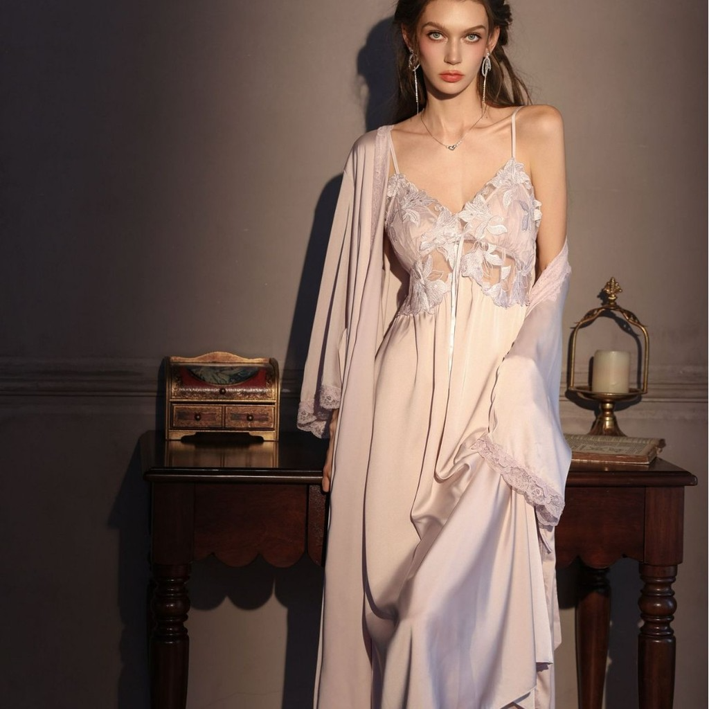 Ice Silk Spaghetti Strap Nightgown | Long French Slip Dress with Built-In Bra | Women's Luxury Loungewear