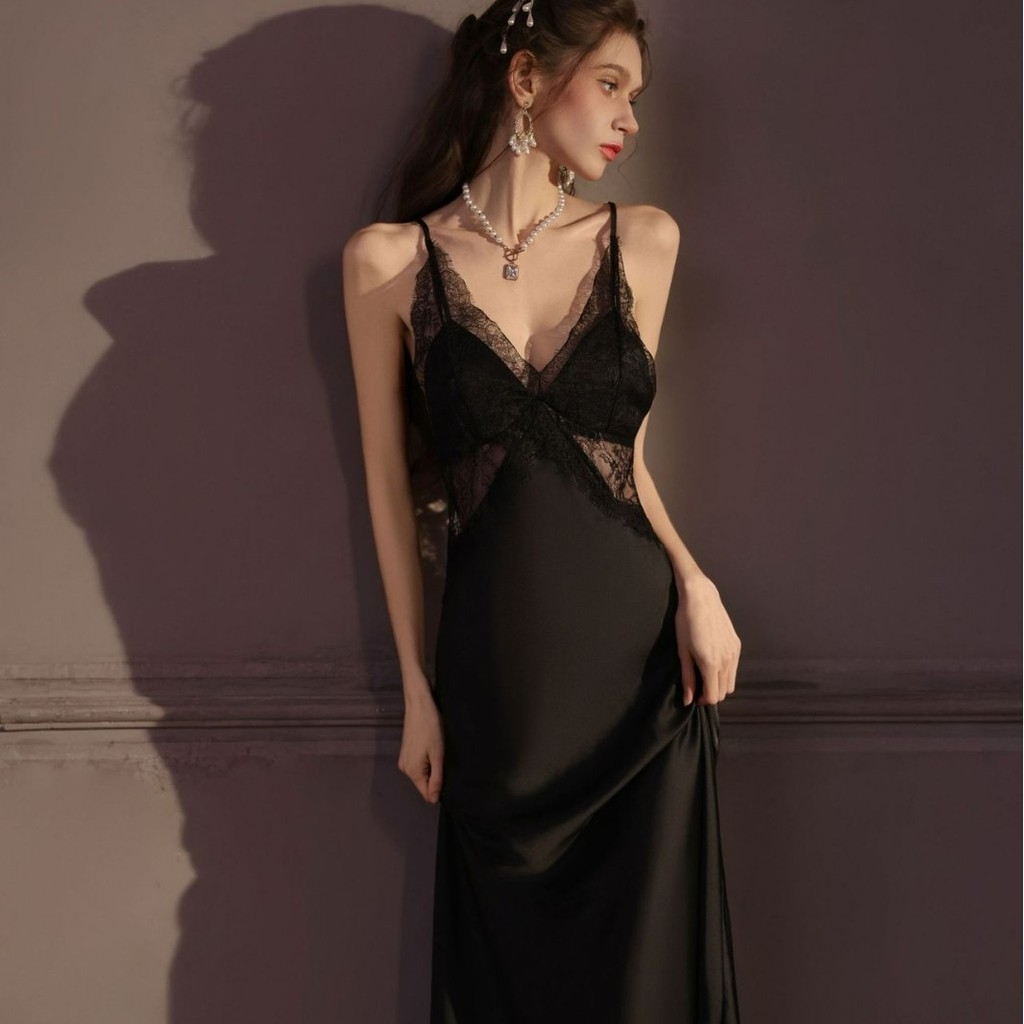 Satin Lace Backless Nightgown | Long Slip Dress with Built-In Bra | Women's Sleepwear