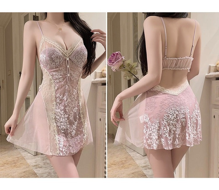 Embellished Push-Up Nightgown — Padded Bust Satin Sleep Dress