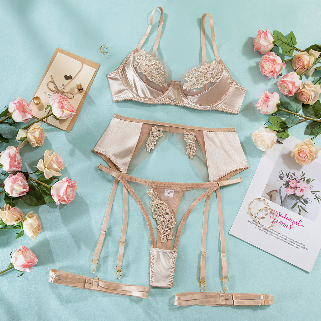 Sheer Mesh Embroidery Four-Piece Lingerie Set