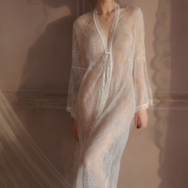 Deep V Lace Tie Kimono Robe