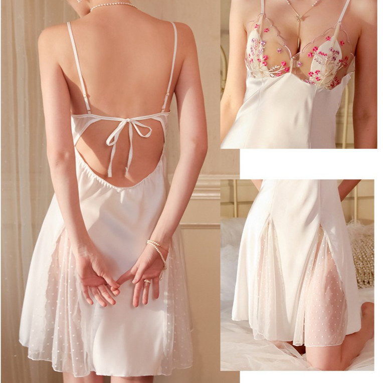 Floral Embroidery Lace Slip Dress | Polka Dot Mesh Cami Nightgown | Romantic Sleepwear