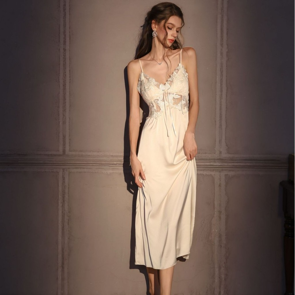 Ice Silk Spaghetti Strap Nightgown | Long French Slip Dress with Built-In Bra | Women's Luxury Loungewear