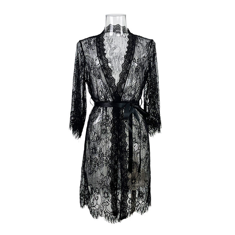 Sheer Mesh Lace Kimono Night Gown