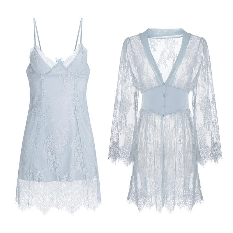 Intricate Lace Sleep Dress & Kimono Robe Set | Soft & Luxurious 2-Piece