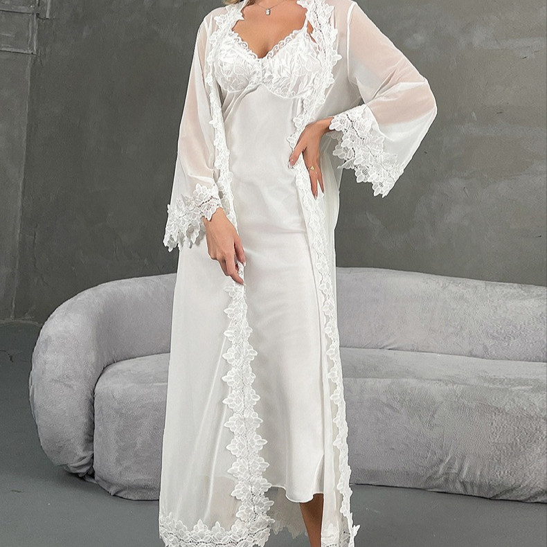 Satin Lace Slip & Embroidered Kimono Set