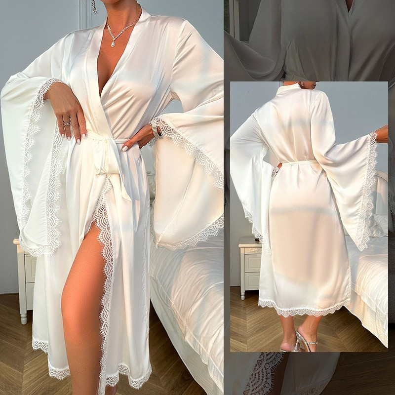 Satin Lace Long Sleeve Kimono Robe