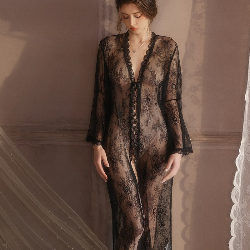 Deep V Lace Tie Kimono Robe