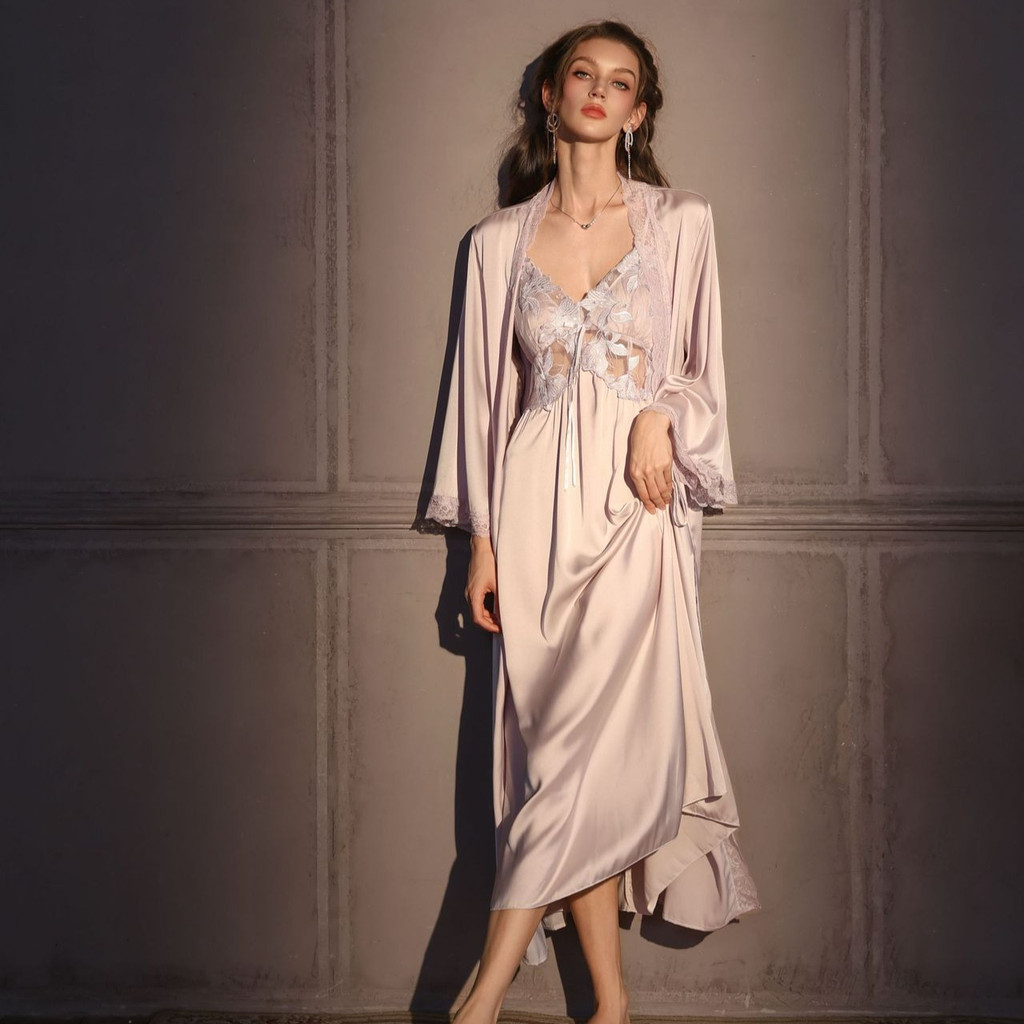 Ice Silk Spaghetti Strap Nightgown | Long French Slip Dress with Built-In Bra | Women's Luxury Loungewear