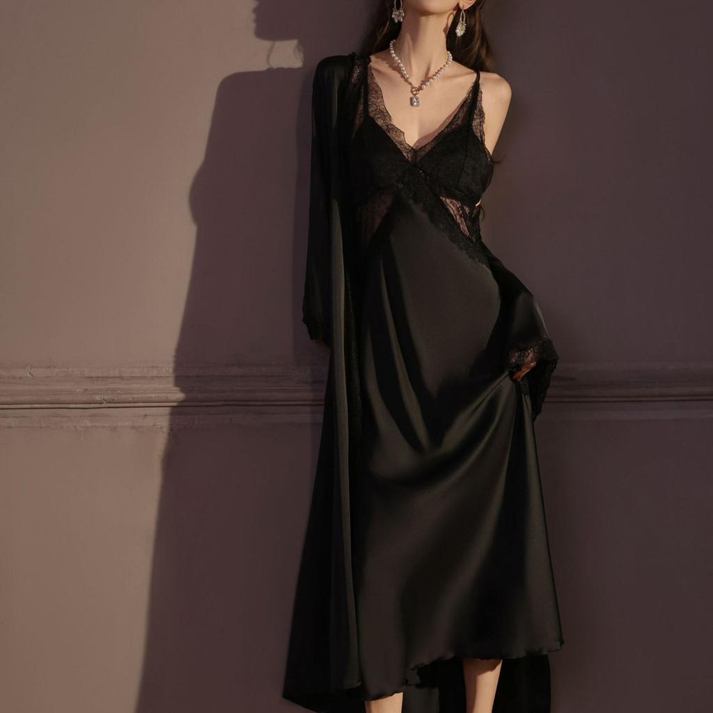 Satin Lace Backless Nightgown | Long Slip Dress with Built-In Bra | Women's Sleepwear