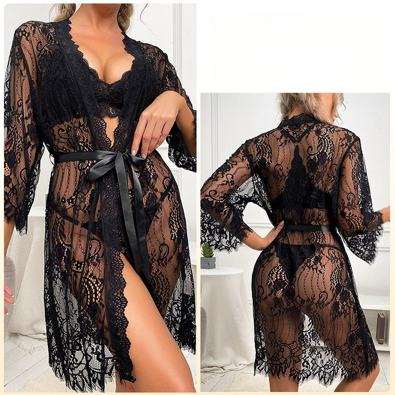 Sheer Mesh Lace Kimono Night Gown