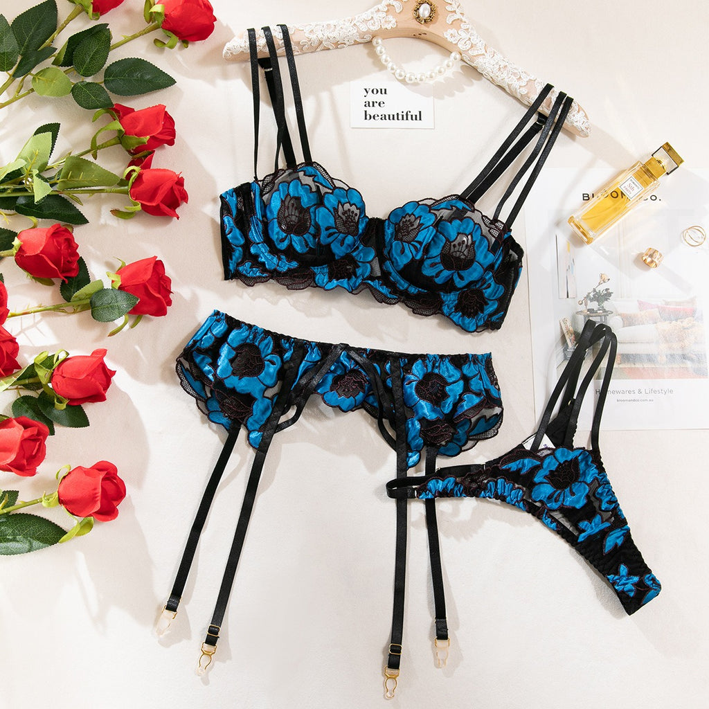 Floral Embroidered Lingerie Set | Stretchy 3-Piece Bra, Thong & Waist Cincher