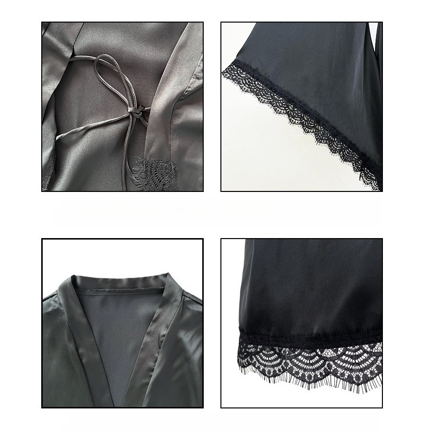 Satin Lace Long Sleeve Kimono Robe