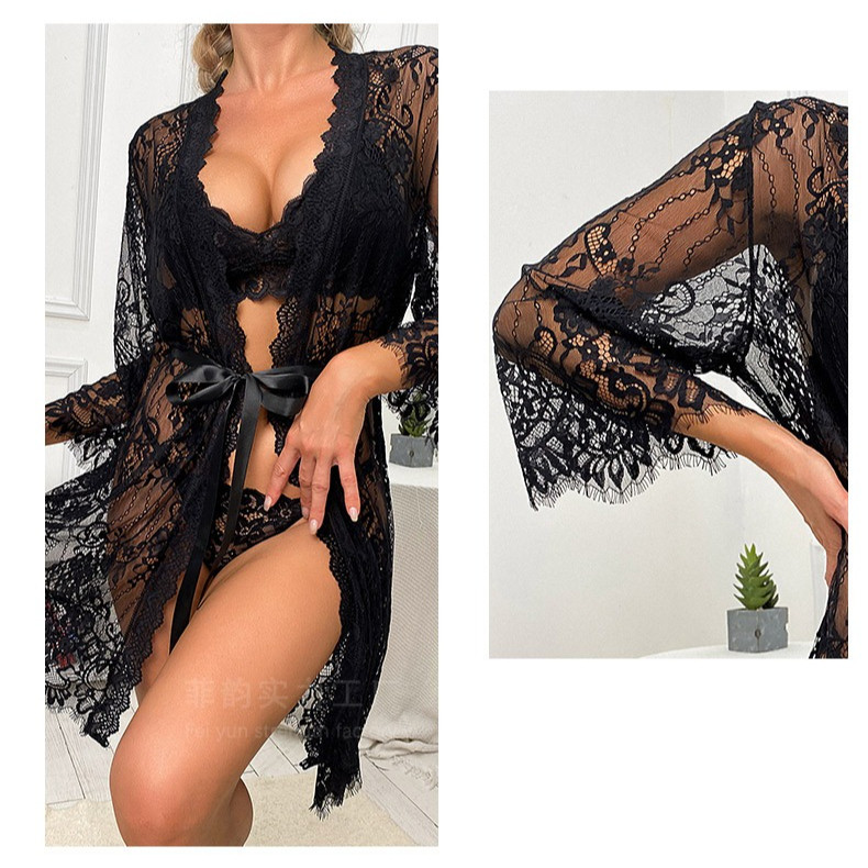 Sheer Mesh Lace Kimono Night Gown