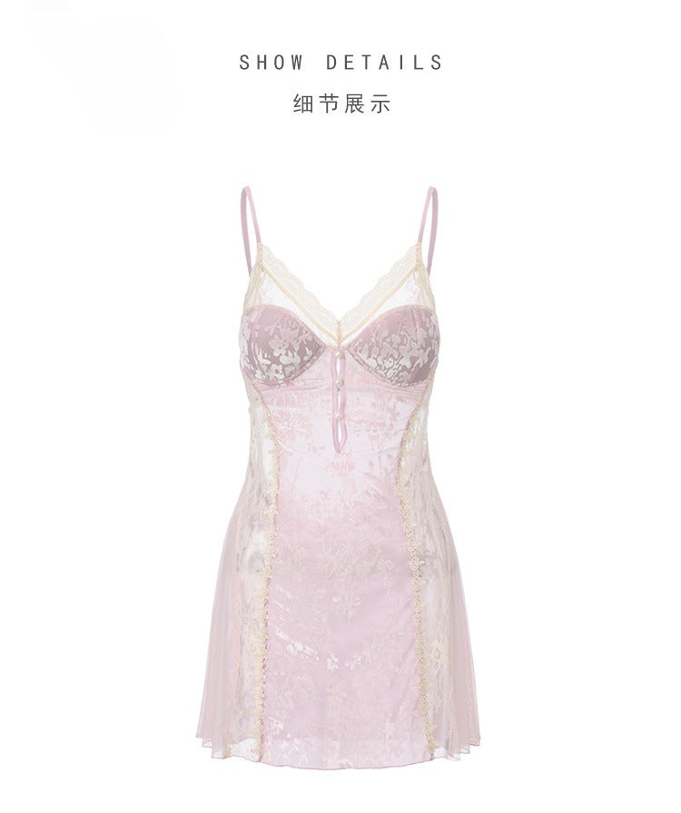 Embellished Push-Up Nightgown — Padded Bust Satin Sleep Dress
