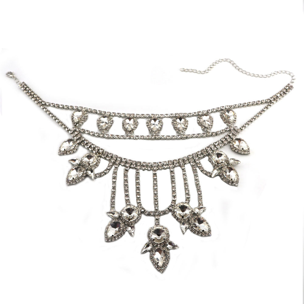 Oversized Crystal Teardrop Statement Necklace | Rhinestone Layered Fringe Party Jewelry