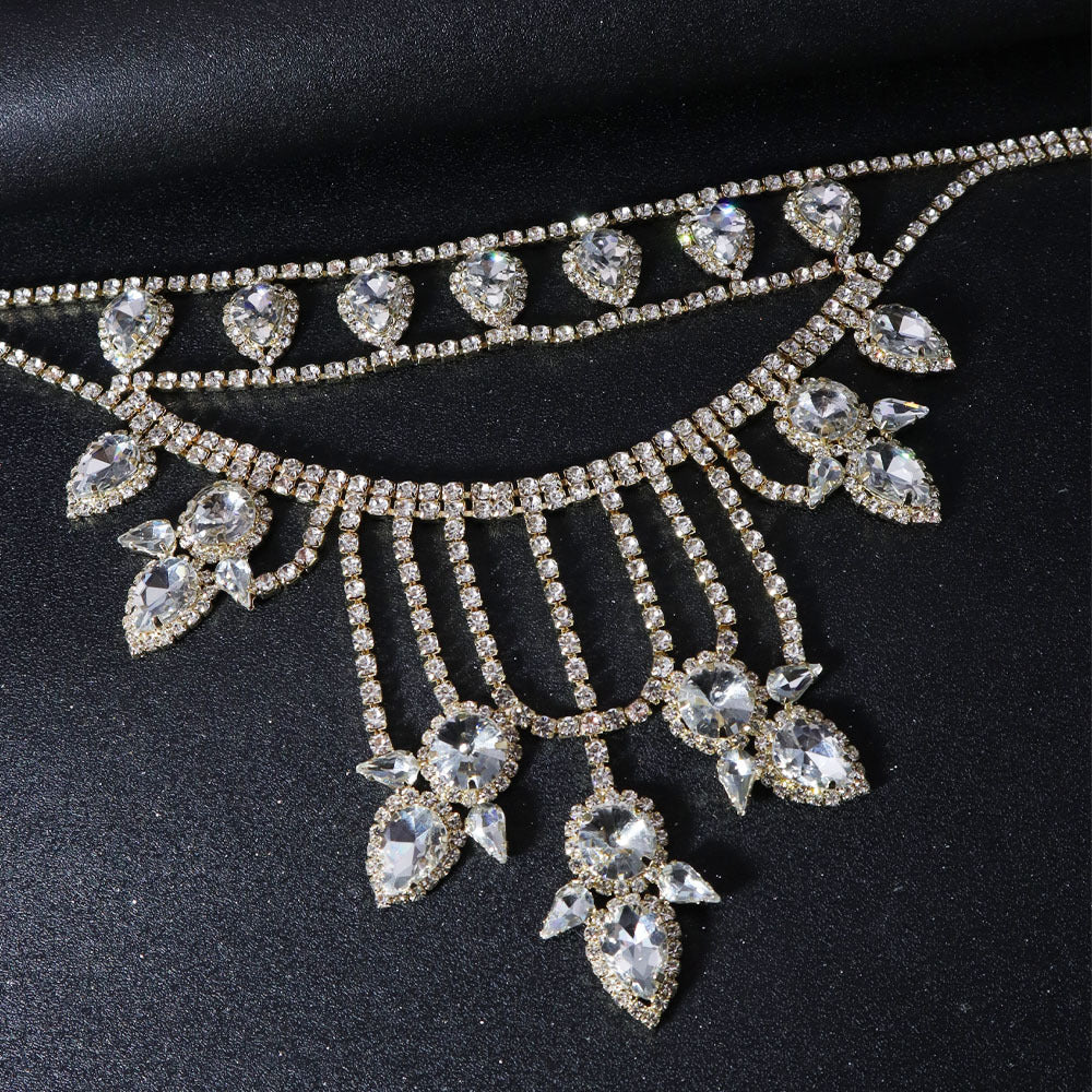 Oversized Crystal Teardrop Statement Necklace | Rhinestone Layered Fringe Party Jewelry
