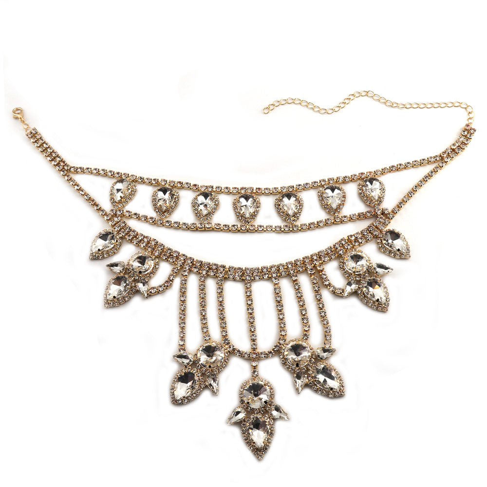 Oversized Crystal Teardrop Statement Necklace | Rhinestone Layered Fringe Party Jewelry