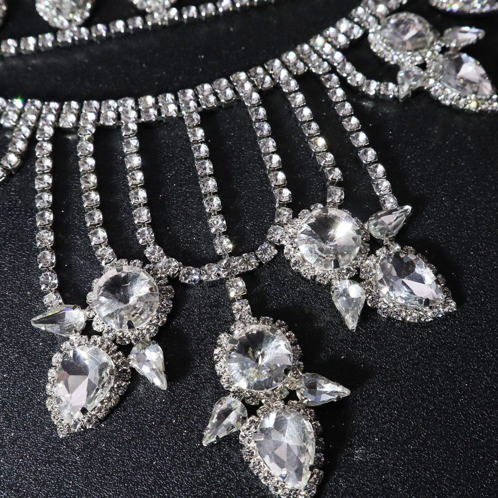 Oversized Crystal Teardrop Statement Necklace | Rhinestone Layered Fringe Party Jewelry