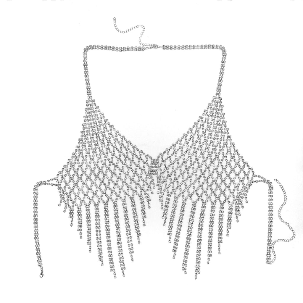 Rhinestone Tassel Bra Body Chain | Crystal Mesh Fringe Chest Jewelry