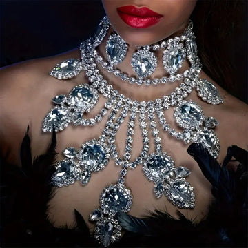 Oversized Crystal Teardrop Statement Necklace | Rhinestone Layered Fringe Party Jewelry