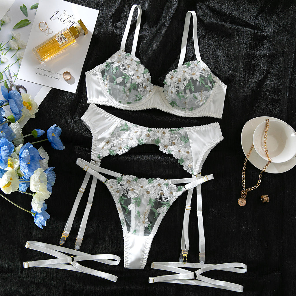 Floral Lace Babydoll Lingerie Set — Sheer Mesh, French Embroidery
