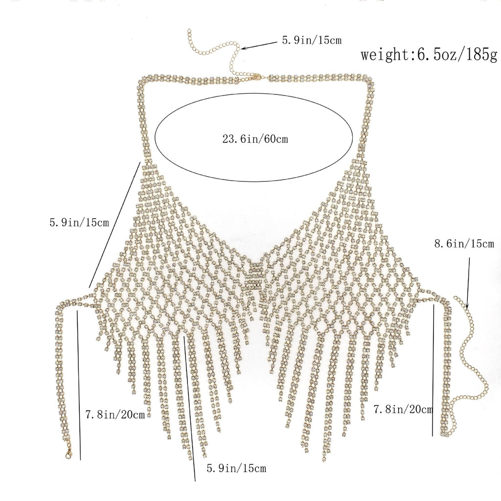 Rhinestone Tassel Bra Body Chain | Crystal Mesh Fringe Chest Jewelry