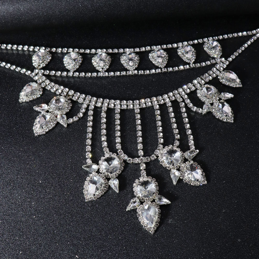Oversized Crystal Teardrop Statement Necklace | Rhinestone Layered Fringe Party Jewelry