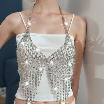 Rhinestone Tassel Bra Body Chain | Crystal Mesh Fringe Chest Jewelry