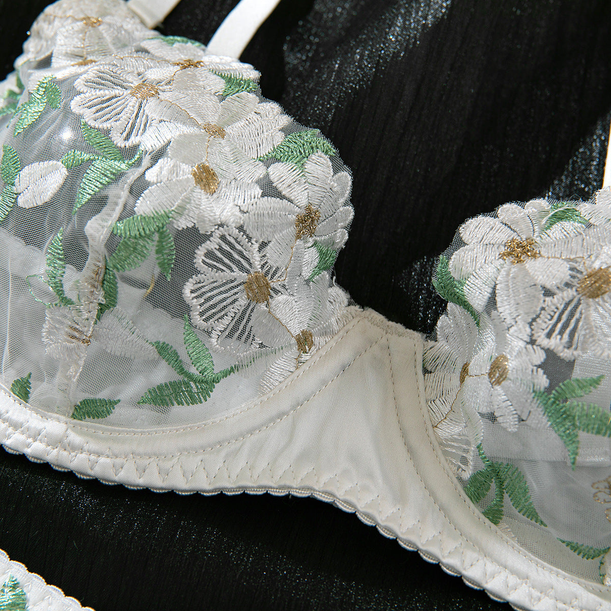 Floral Lace Babydoll Lingerie Set — Sheer Mesh, French Embroidery