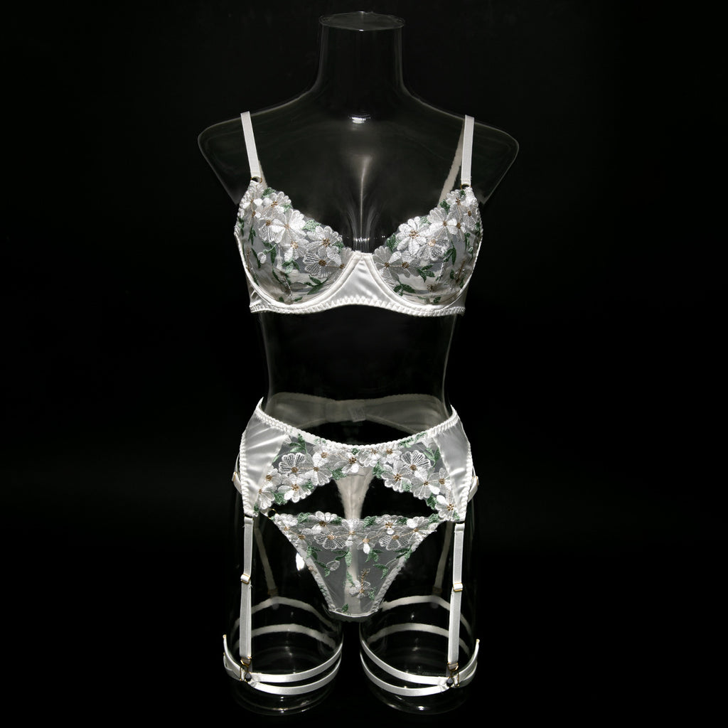 Floral Lace Babydoll Lingerie Set — Sheer Mesh, French Embroidery