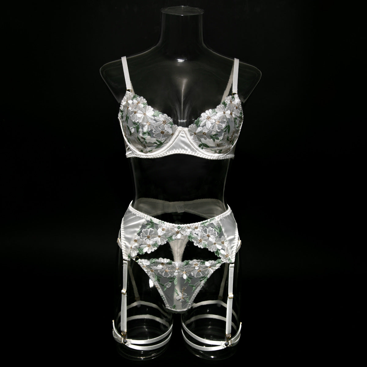 Floral Lace Babydoll Lingerie Set — Sheer Mesh, French Embroidery