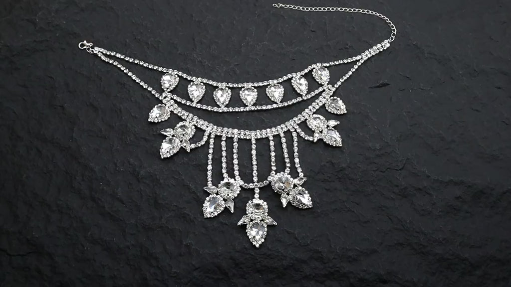 Oversized Crystal Teardrop Statement Necklace | Rhinestone Layered Fringe Party Jewelry