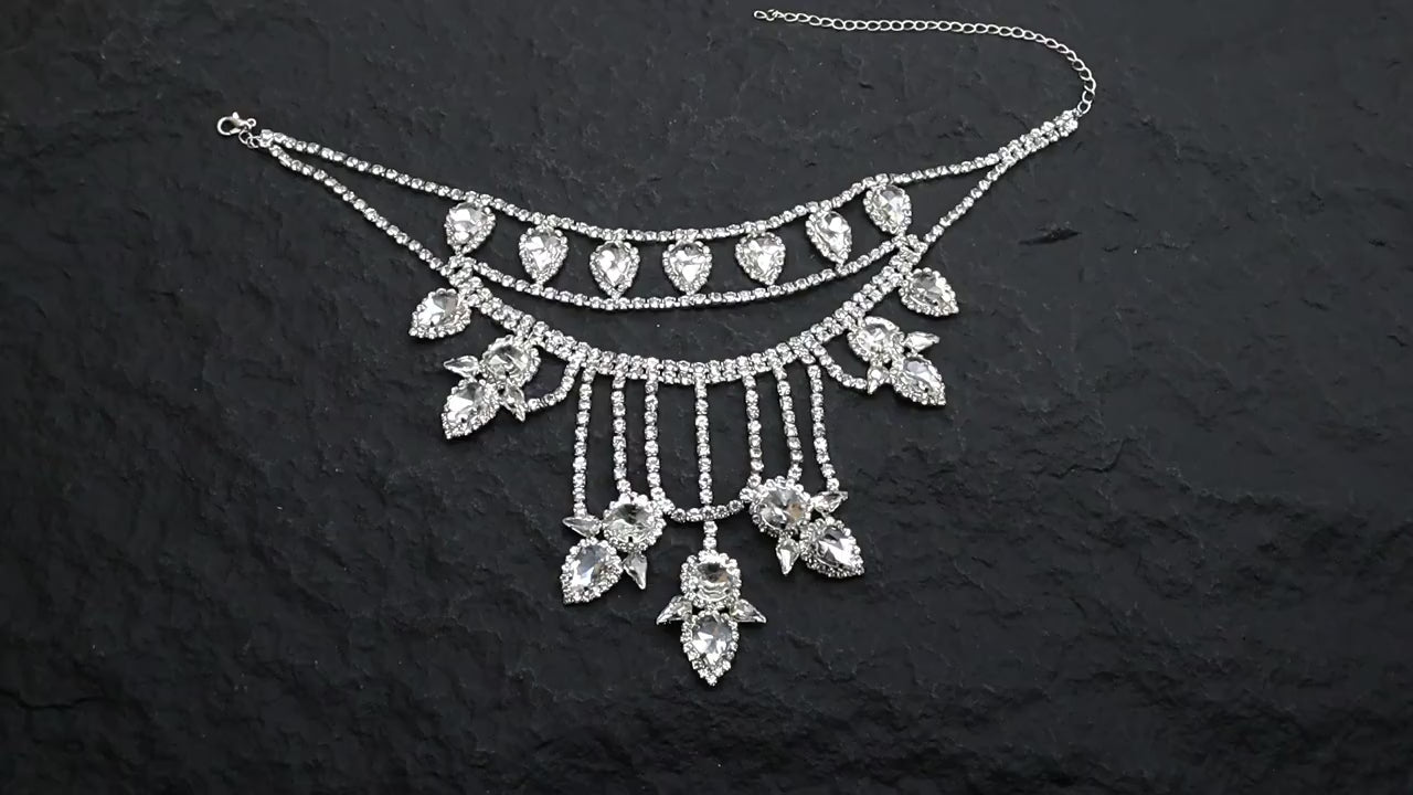 Oversized Crystal Teardrop Statement Necklace | Rhinestone Layered Fringe Party Jewelry